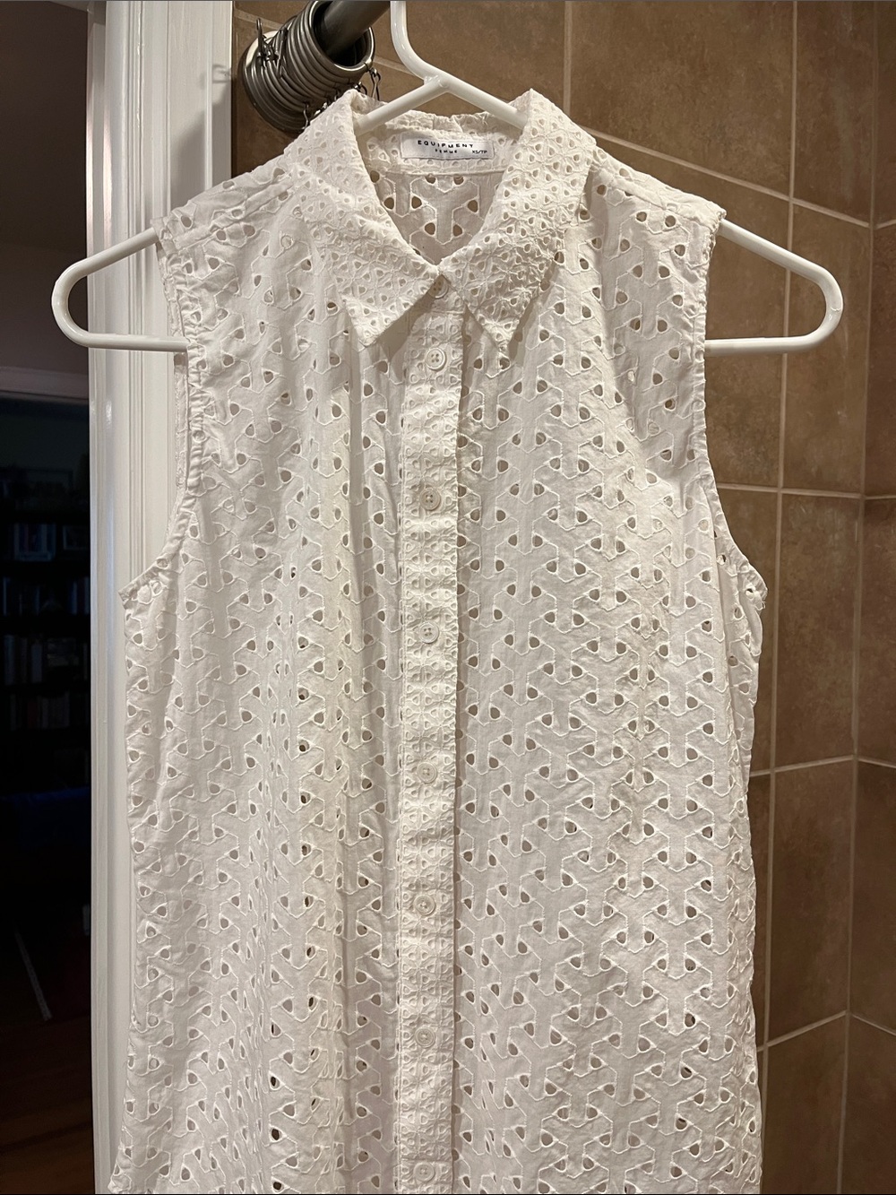 Equipment White Sleeveless Eyelet Button-Front Top